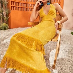 SHEIN Cut Out Waist Tie Backless Fringe Detail Halter Dress